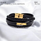 Yılbaşı Şıklığı, Siyah Deri Örgülü ve 14 Ayar Altın Kaplamalı Dikdörtgen Motifli Aralık Bilekliği