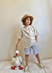 Erkek Çocuk Mavi Çizgili Keten Şortlu Takım