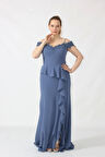 2401 İndigo Göğsü Aplik İşlemeli Eteği Volanlı Uzun Abiye