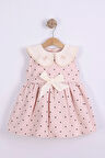 Kız Çocuk Pembe Puantiyeli Elbise - Dantel Yaka Fiyonklu Yazlık Elbise