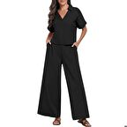 Barbora Zarif Kadin T-shirt ve Uzun Pantolon Alt Üst İkili Takım V Yaka Kısa Kollu Salaş Rahat Elbise  ln27siyah