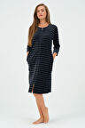 Kadın Lacivert Çizgili Fermuarlı Cepli Kadife Elbise