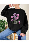 Mor Çiçek Demeti Baskı Detaylı Bisiklet Yaka İçi Polarlı Sweatshirt
