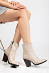 117 Bej Kovboy Dikiş Detaylı Fermuarlı  Yüksek Topuklu Günlük Kadın Bot