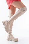 Mengü 812-2194 Bej Fermuarlı Diz Üstü Bağcıklı Çorap Günlük Kadın Çizme