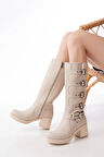 Bej Topuklu Fermuarlı Toka Aksesuarlı Günlük Kadın Çizme5109-3015Kadın çizme