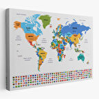 Harita Sepeti Türkçe Dünya Haritası Kanvas Tablo Ülke Bayraklı ve Dekoratif 2412