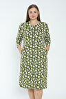 Kadın Yeşil Desenli Truvakar Kollu Büyük Beden Pamuklu Fermuarlı Elbise