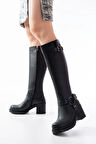 Kadın Çizme767-3005 Siyah Toka Aksesuarlı Fermuarlı Günlük Kalın Topuklu Kadın Bot