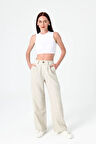 Kadın Çizgili Keten Pantolon Siyah Çizgili Cepli Palazzo Keten Krem Pantolon