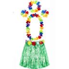 YETIŞKIN VE ÇOCUK UYUMLU LUAU ALOHA HAWAII YEŞIL ETEK VE RENKLI KOLYE TAÇ 2 ADET BILEKLIK SETI
