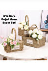 Dekoratif Şık Tasarım Piknik Sepeti Kare Doğal Hasır Sepet Seti - 3'lü