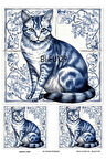 Bleu Serisi BLEU129 Mavi Beyaz, Kedi, Porselen Desenli 30*42 cm Pirinç Dekopaj
