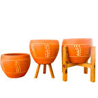 Bitki Tasarımı Ev Dekorasyon Nakış Desenli Terrakota Toprak Saksı Saksılık Salon Çiçeklik Üçlü Set - 15 Cm