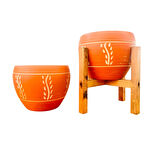 Bitki Tasarımı Ev Dekorasyon Nakış Desenli Terrakota Toprak Saksı Saksılık Salon Çiçeklik İkili Set Ayaksız - 4 Ayaklı- 15 Cm