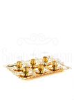 Nikel Japon Gülü Dikdörtgen Tepsi + 6'lı Çizgili Çay Bardağı Altın