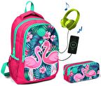 Coral High Pembe/Yeşil Flamingolar Baskılı Okul Çanta Seti - Kız Çocuk