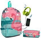 Coral High Yeşil Flamingo Desenli Okul ve Günlük Çanta Seti