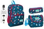 Coral High USB ve AUX Çıkışlı Okul Çanta Seti - Erkek Çocuk - Mavi Astronot Baskılı