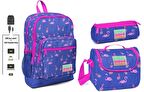 Coral High USB ve AUX Çıkışlı Okul Çanta Seti - Kız Çocuk - Mor Flamingo Baskılı