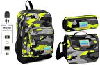 Coral High USB ve AUX Çıkışlı Okul Çanta Seti - Erkek Çocuk - Yeşil Kamuflaj Baskılı