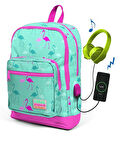 Coral High Kids Su Yeşili Flamingo Desenli Usb Şarjlı Kulaklık Çıkışlı Okul Sırt Çantası 23275