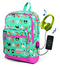 Coral High Kadın Su Yeşili Köpek Desenli Usb Şarjlı Kulaklık Çıkışlı Okul Sırt Çantası 23266