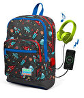 Coral High Gri Uzay Desenli Usb Şarjlı Kulaklık Çıkışlı Okul Sırt Çantası 23279