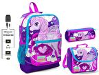 Coral High Mor Unicorn Baskılı Kız Çocuk İlkokul Çanta Seti - USB Çıkışlı