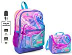 Coral High Pembe Flamingo Baskılı Okul Çantası ve Beslenme Çantası Seti - Kız Çocuk - USB Soketli