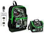 Coral High Yeşil Dinazor Baskılı Okul Çantası ve Beslenme Çantası Seti - Erkek Çocuk - USB Soketli