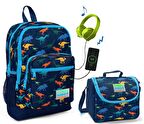 Coral High Dinazor Baskılı Okul Çantası ve Beslenme Çantası Seti - Erkek Çocuk - USB Soketli