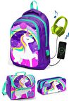 Coral High Kız Çocuk Mor Unicorn 3'lü Çanta Takımı - USB Soketli