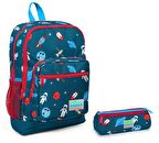 Coral High Astronot Baskılı Erkek Çocuk Sırt Çantası ve Kalem Çantası Seti - Mavi/Kırmızı