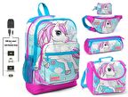 Coral High Mavi Unicorn Baskılı Kız Çocuk İlkokul 5'li Çanta Seti - USB Soketli