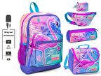 Coral High Pembe Flamingo Baskılı Kız Çocuk İlkokul 5'li Çanta Seti - USB Soketli