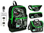 Coral High Yeşil Dinazor Baskılı 4'lü Erkek Çocuk İlkokul Çanta Seti - USB Soketli