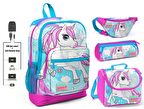 Coral High Mavi Unicorn Baskılı 4'lü Kız Çocuk İlkokul Çanta Seti - USB Soketli