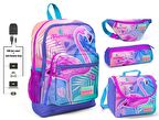 Coral High Pembe Flamingo Baskılı 4'lü Kız Çocuk İlkokul Çanta Seti - USB Soketli