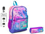 Coral High Pembe Flamingo Baskılı İlkokul Sırt Çantası ve Kalemlik Seti - Kız Çocuk - USB Soketli