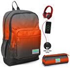 Coral High Siyah Turuncu Gradyan USB Soketli Okul Çantası ve Kalemlik Seti - Erkek Çocuk