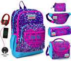 Coral High Mor Mavi Kalp USB Soketli Beşli Okul Çantası Seti - Kız Çocuk