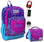 Coral High Mor Mavi Kalp Okul ve Beslenme Çantası Seti - Usb Soketli - Kız Çocuk