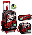 Coral High Siyah Kırmızı Araba Çekçek Okul Çantası Seti - Işıklı Tekerlekler - Erkek Çocuk