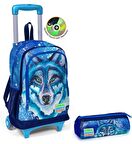 Coral High Erkek Çocuk Mavi Kurt Tekerlekli Okul Çantası ve Kalemlik Seti