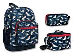 Cennec Dört Bölmeli Lacivert Kırmızı Köpekbalığı İlkokul Sırt Çantası Seti - Erkek Çocuk