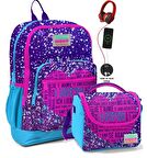 Coral High Okul Çantası ve Beslenme Çanta Seti - Usb Soketli Mor Mavi Kalp Kız Çocuk