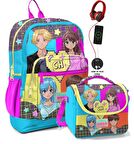 Coral High Okul Çantası ve Beslenme Çanta Seti - Usb Soketli Mavi Pembe Anime Kız Çocuk