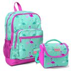 Coral High Dört Bölmeli Okul Sırt Çantası & Beslenme Çantası - Pembe Yeşil Flamingo Kız Çocuk