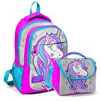 Coral High Okul Sırt Çantası ve Beslenme Çantası Kız Çocuk Gri Unicorn